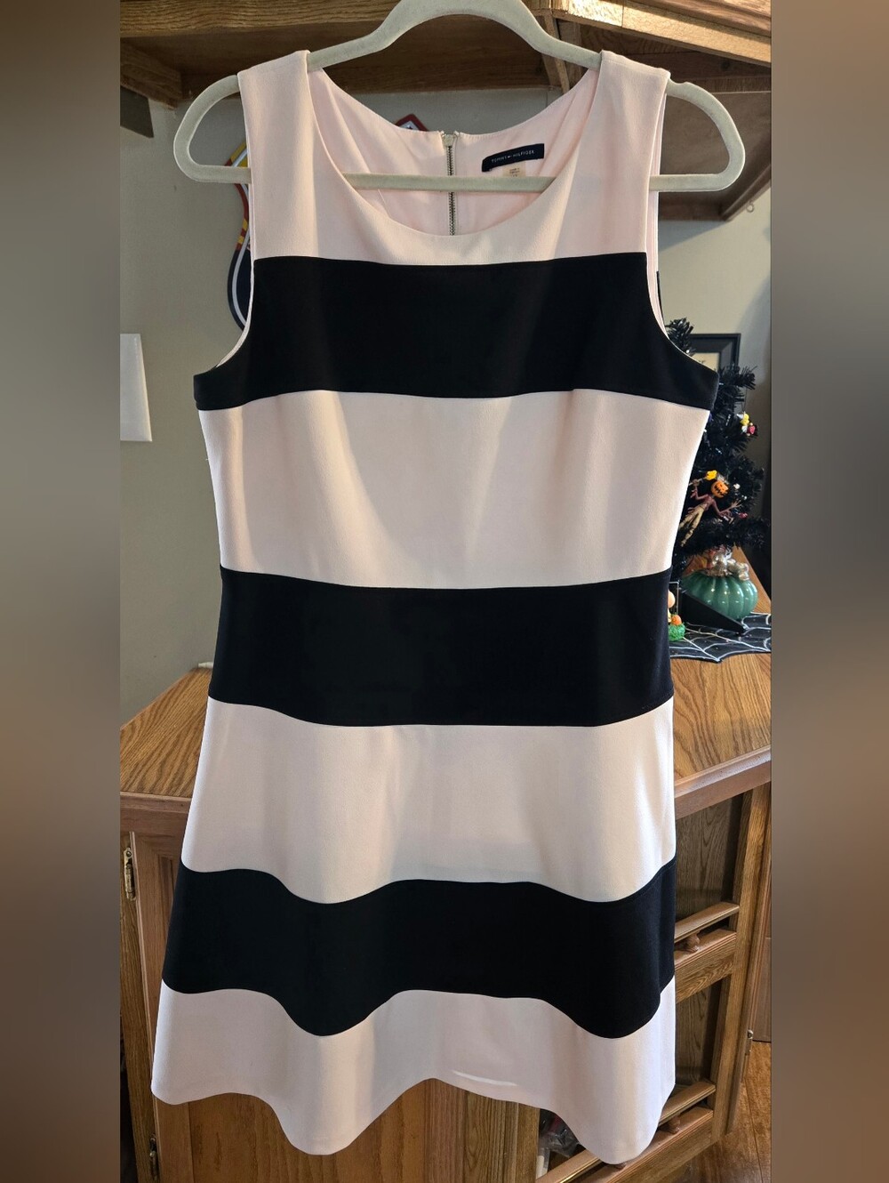 Tommy Hilfiger Sleeveless Black and Pink Striped Sheath Dress